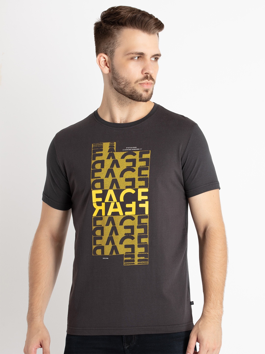 

Status Quo Typography Printed Round Neck Pure Cotton T-shirt, Charcoal