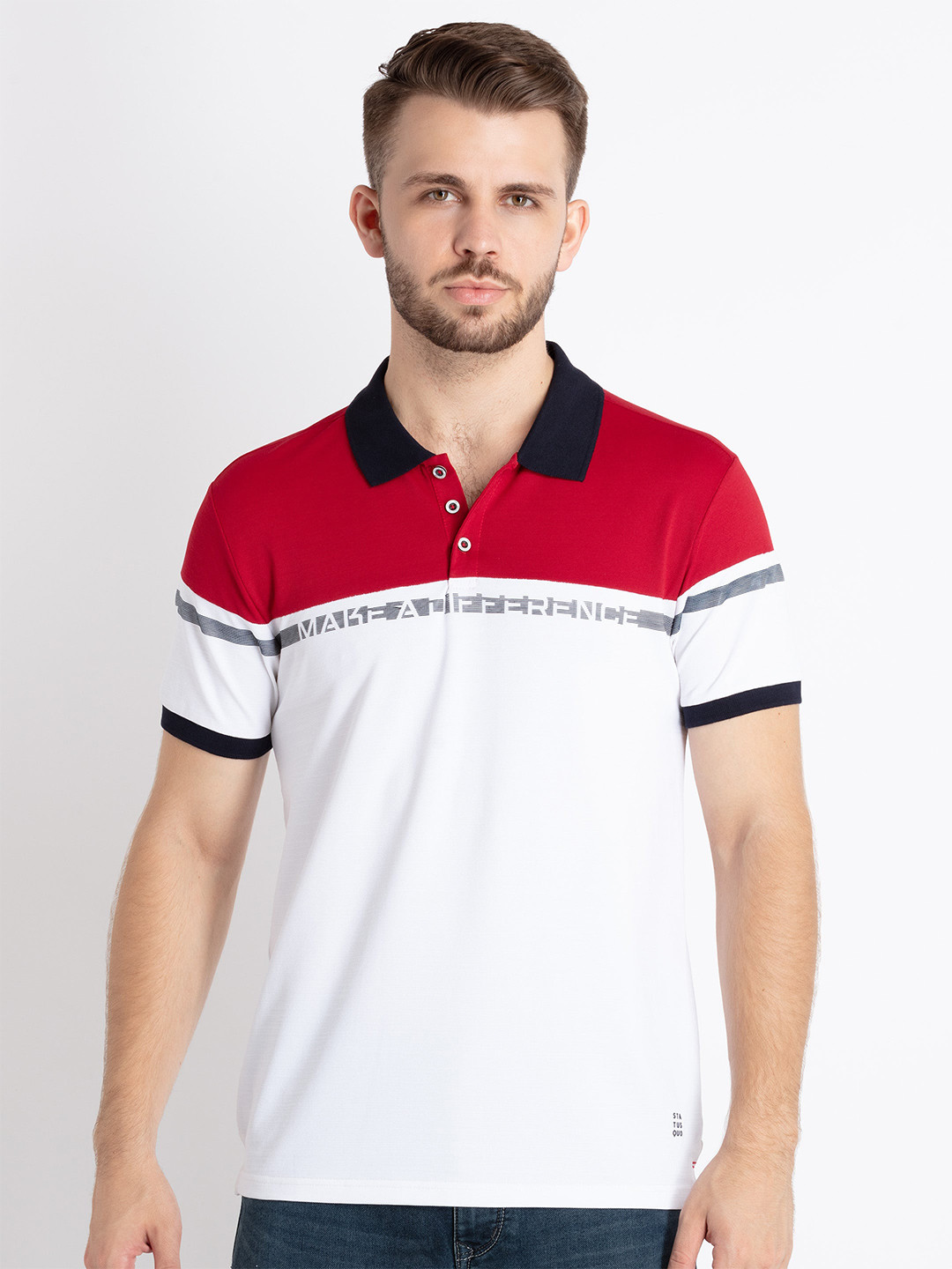 

Status Quo Colourblocked Polo Collar Cotton T-shirt, Red