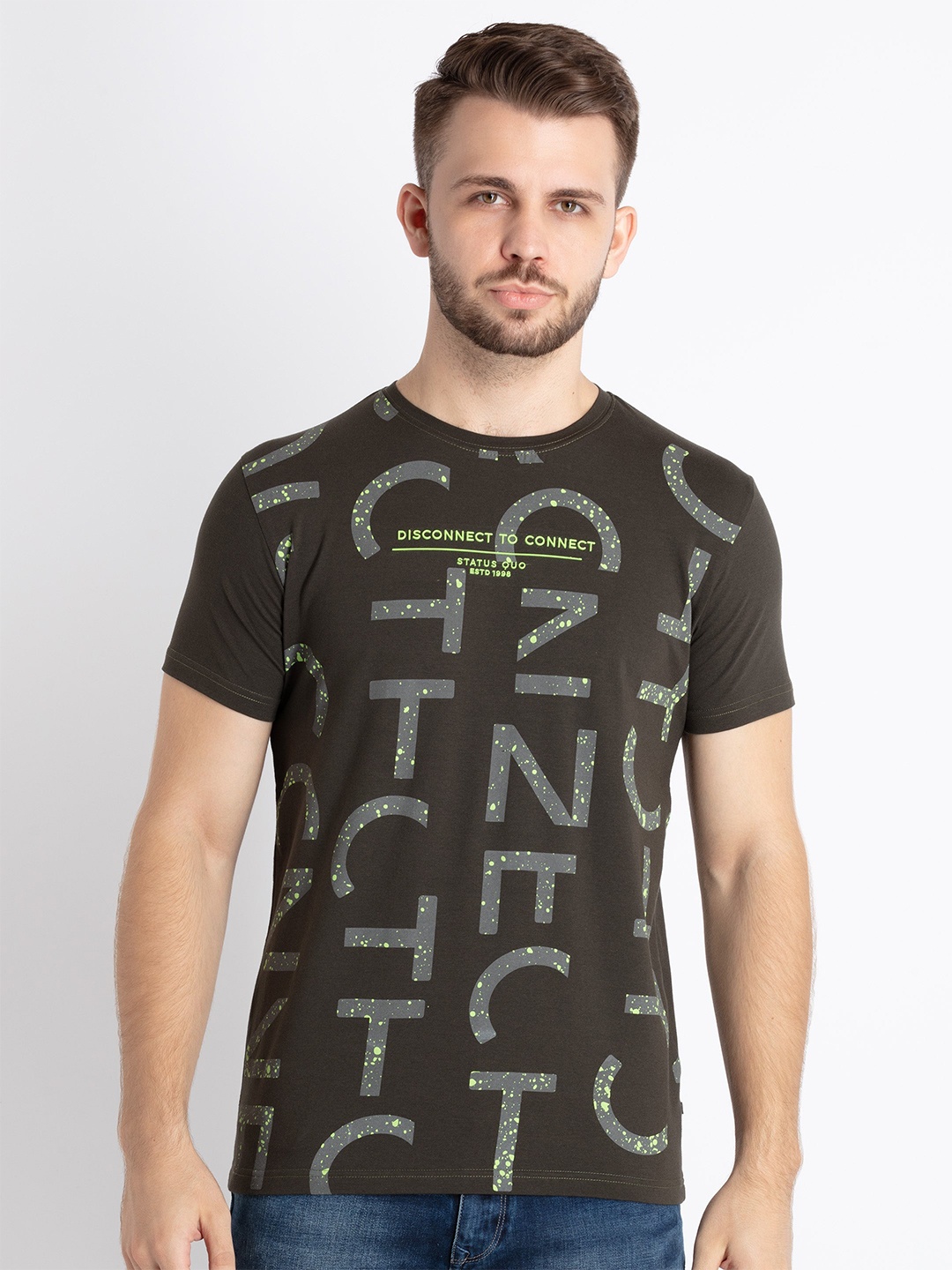 

Status Quo Typography Printed Round Neck Regular T-shirt, Olive