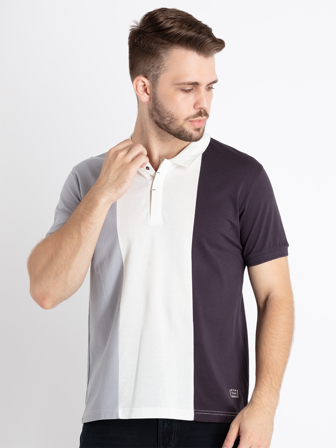 

Status Quo Colourblocked Polo Collar Pure Cotton T-shirt, Grey