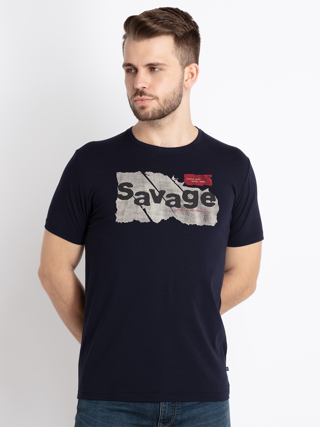 

Status Quo Typography Printed Cotton T-shirt, Navy blue