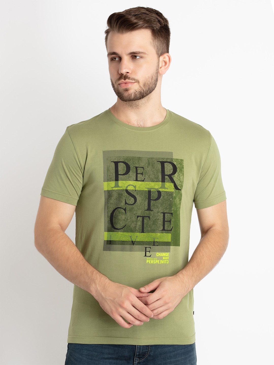 

Status Quo Typography Printed Pure Cotton T-shirt, Green