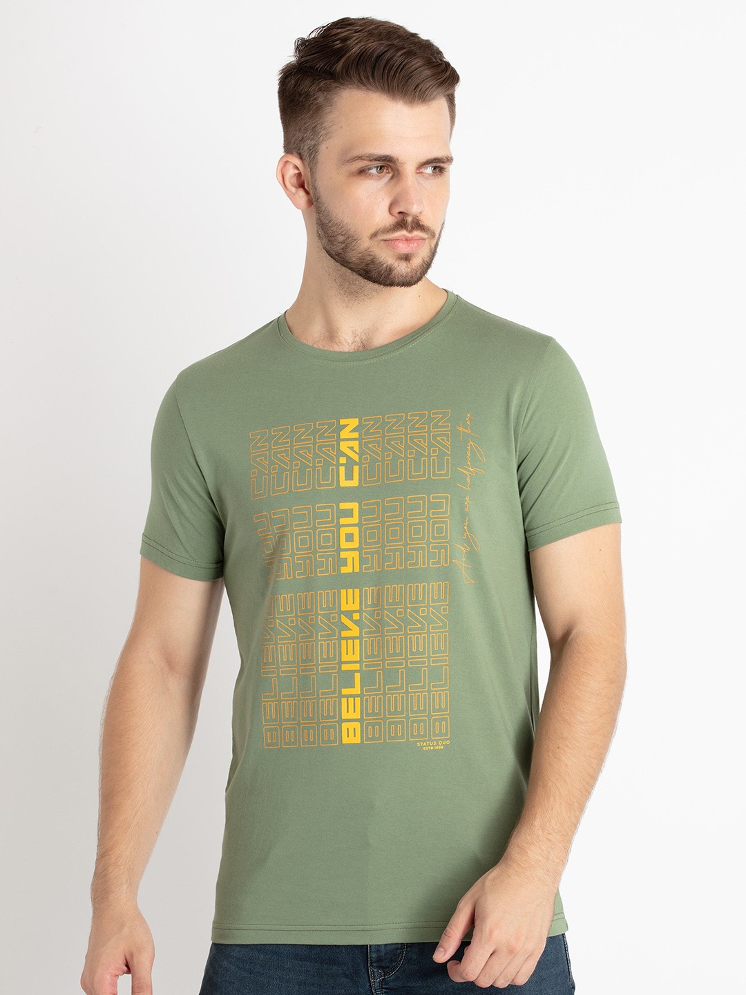 

Status Quo Typography Printed Round Neck Pure Cotton T-shirt, Green