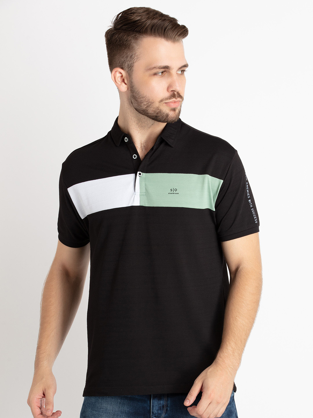 

Status Quo Colorblocked Polo Collar T-Shirt, Black