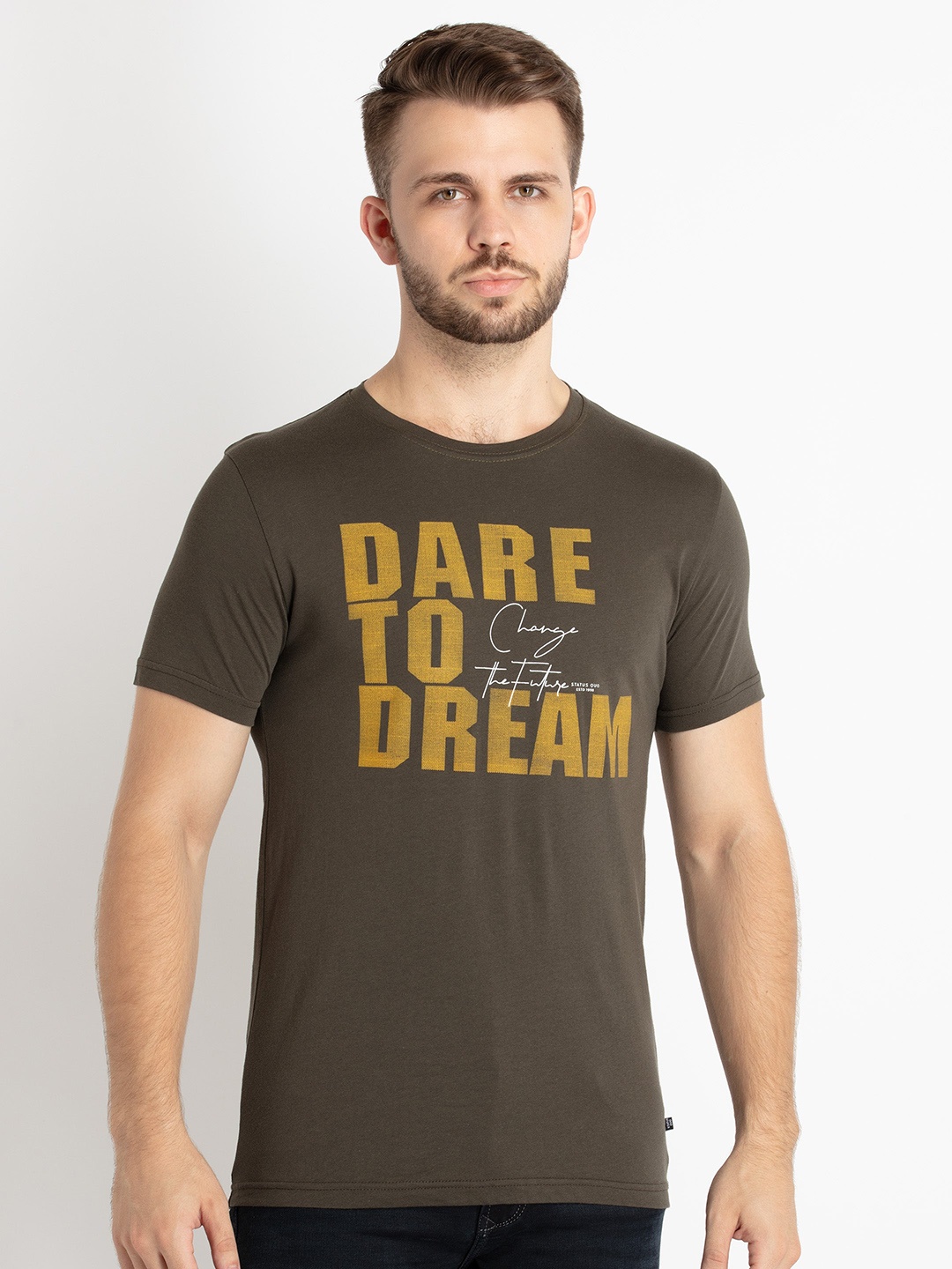 

Status Quo Typography Printed Pure Cotton T-shirt, Olive