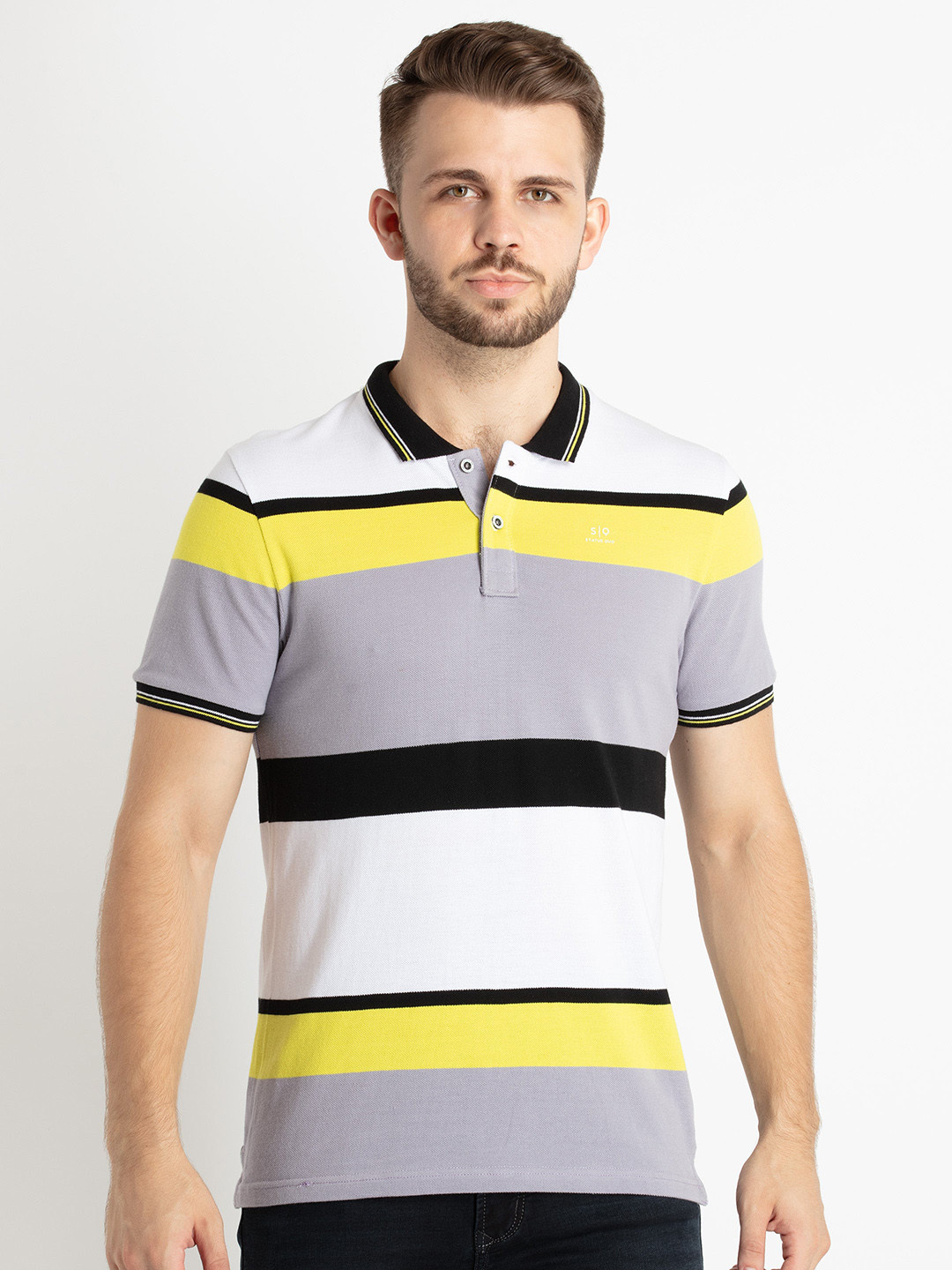 

Status Quo Striped Polo Collar Cotton T-shirt, Black