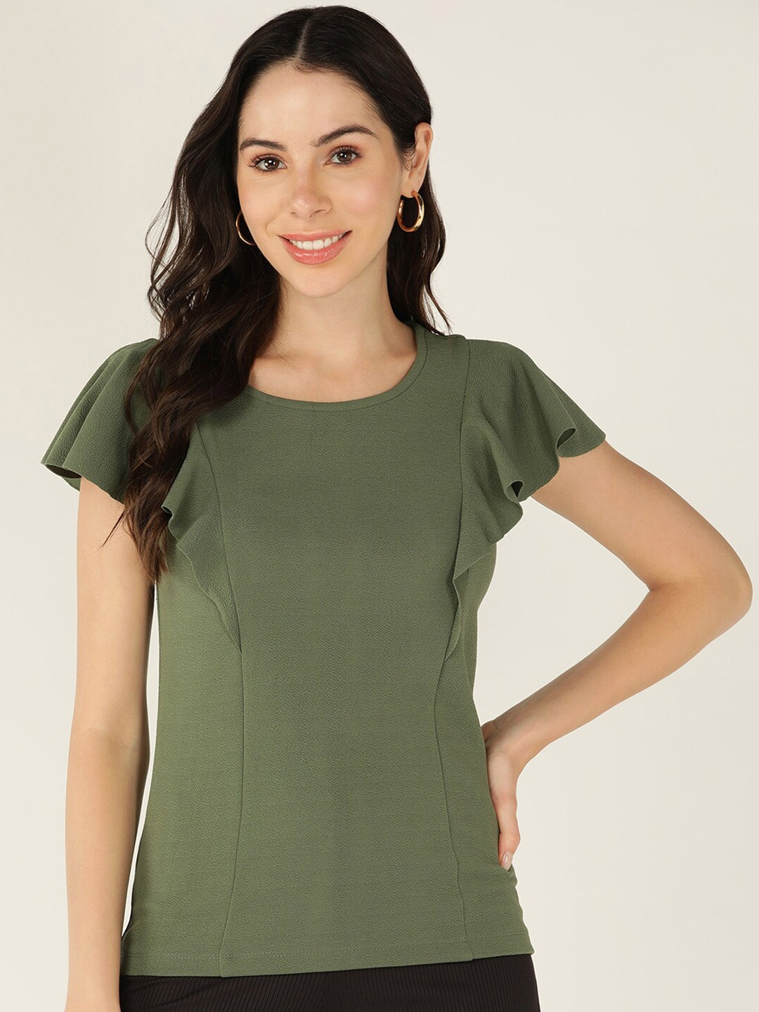 

Mast & Harbour Round Neck Flutter Sleeves Top, Olive