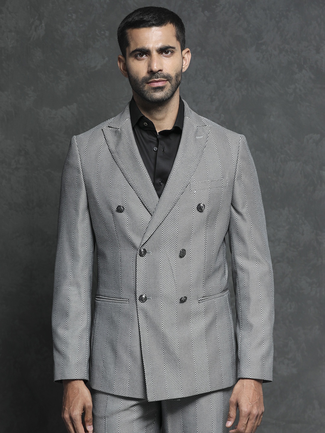 RARE RABBIT Self Design Double-Breasted Tailored Fit Two Piece Suit, Grey