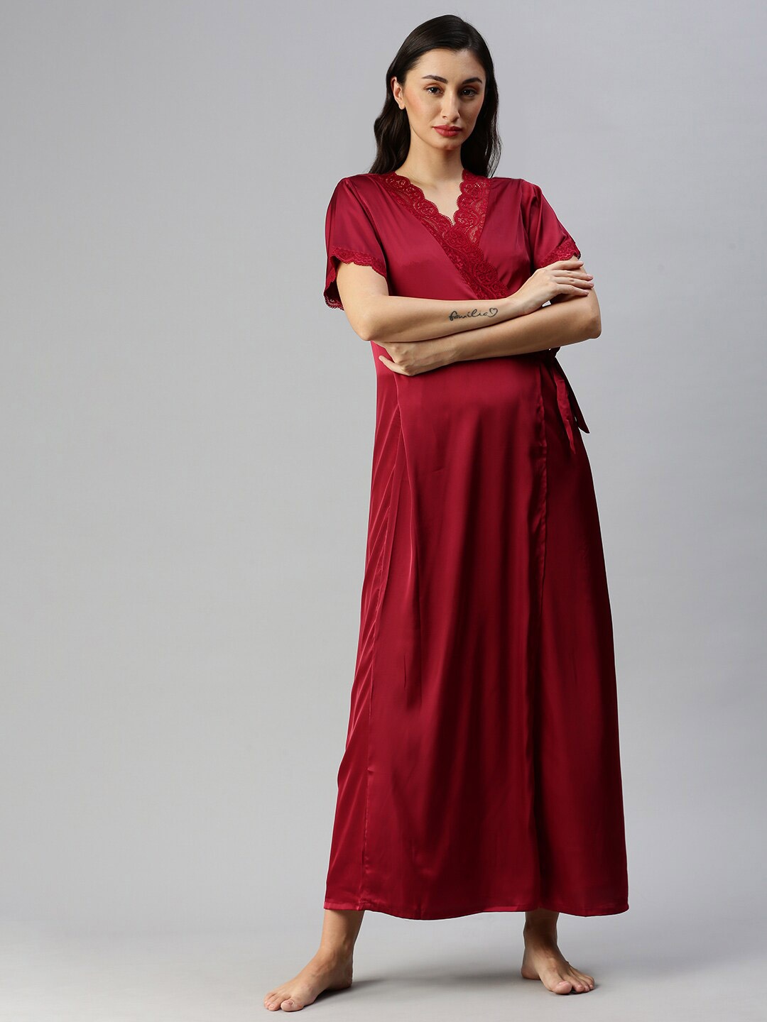 

9shines Label V-Neck Satin Maxi Nightdress, Red