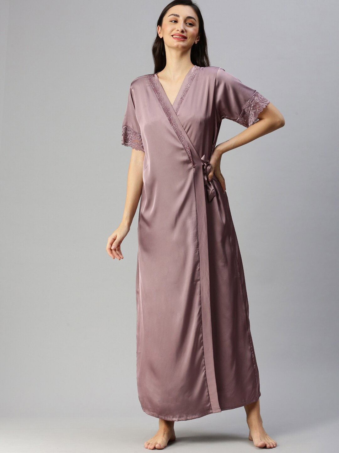 

9shines Label Maxi Nightdress With Satin Long Robe, Purple