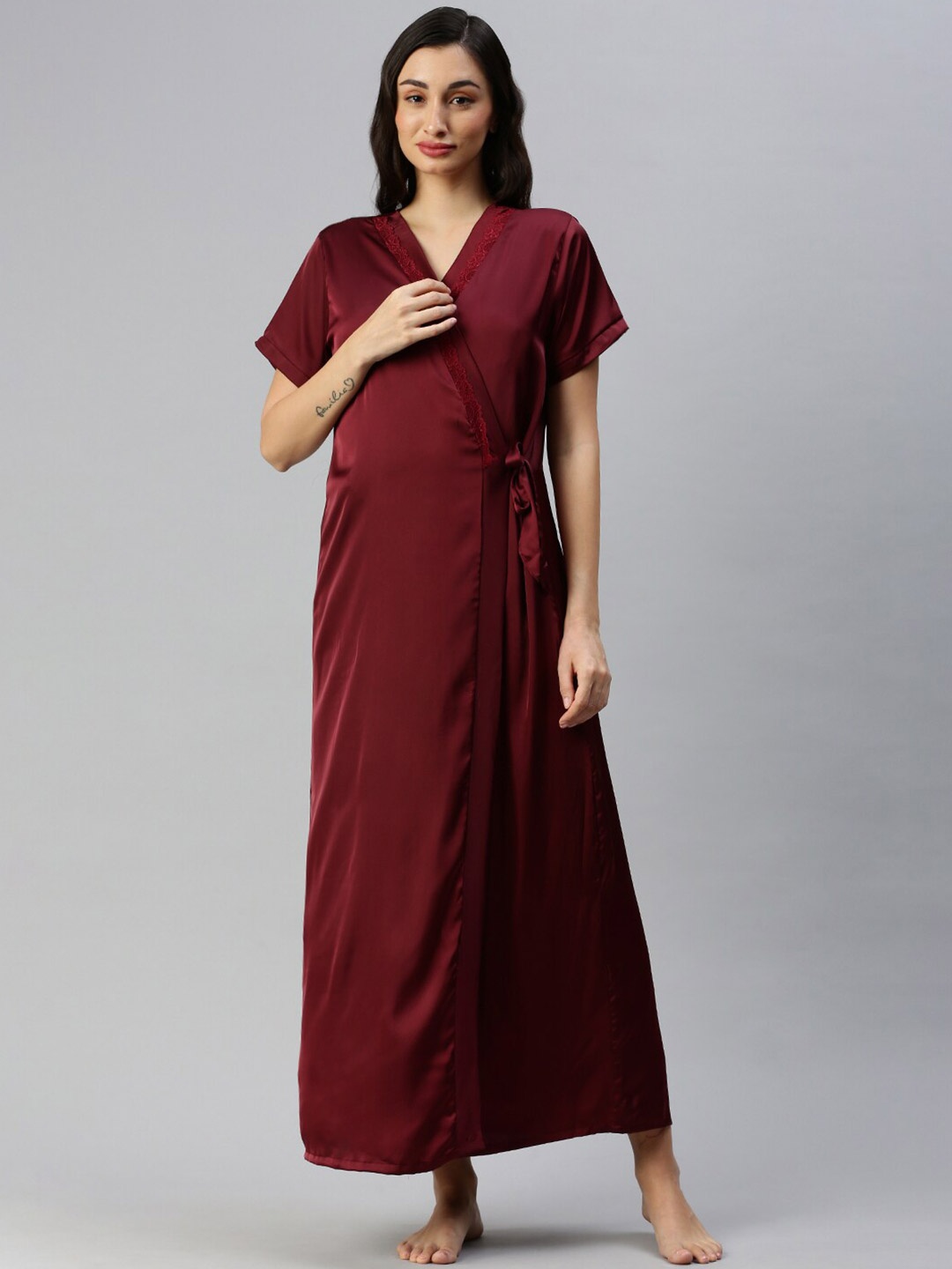 

9shines Label V-Neck Satin Maxi Wrap Nightdress, Red
