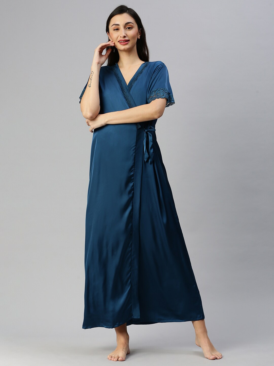 

9shines Label Satin Maxi Warp Nightdress, Blue