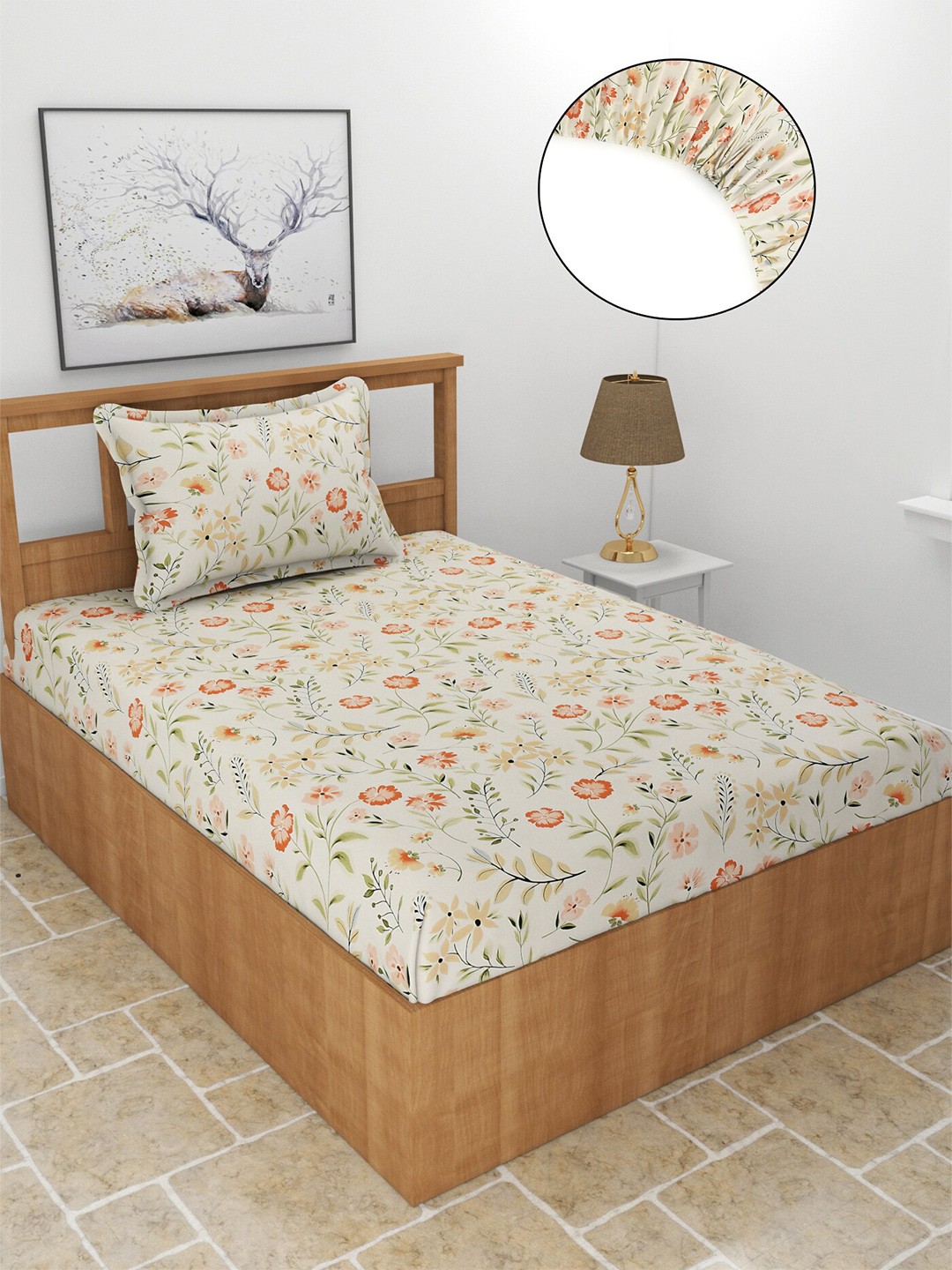 

MORADO Off White & Orange Floral Fitted 210 TC Single Bedsheet With 1 Pillow Cover