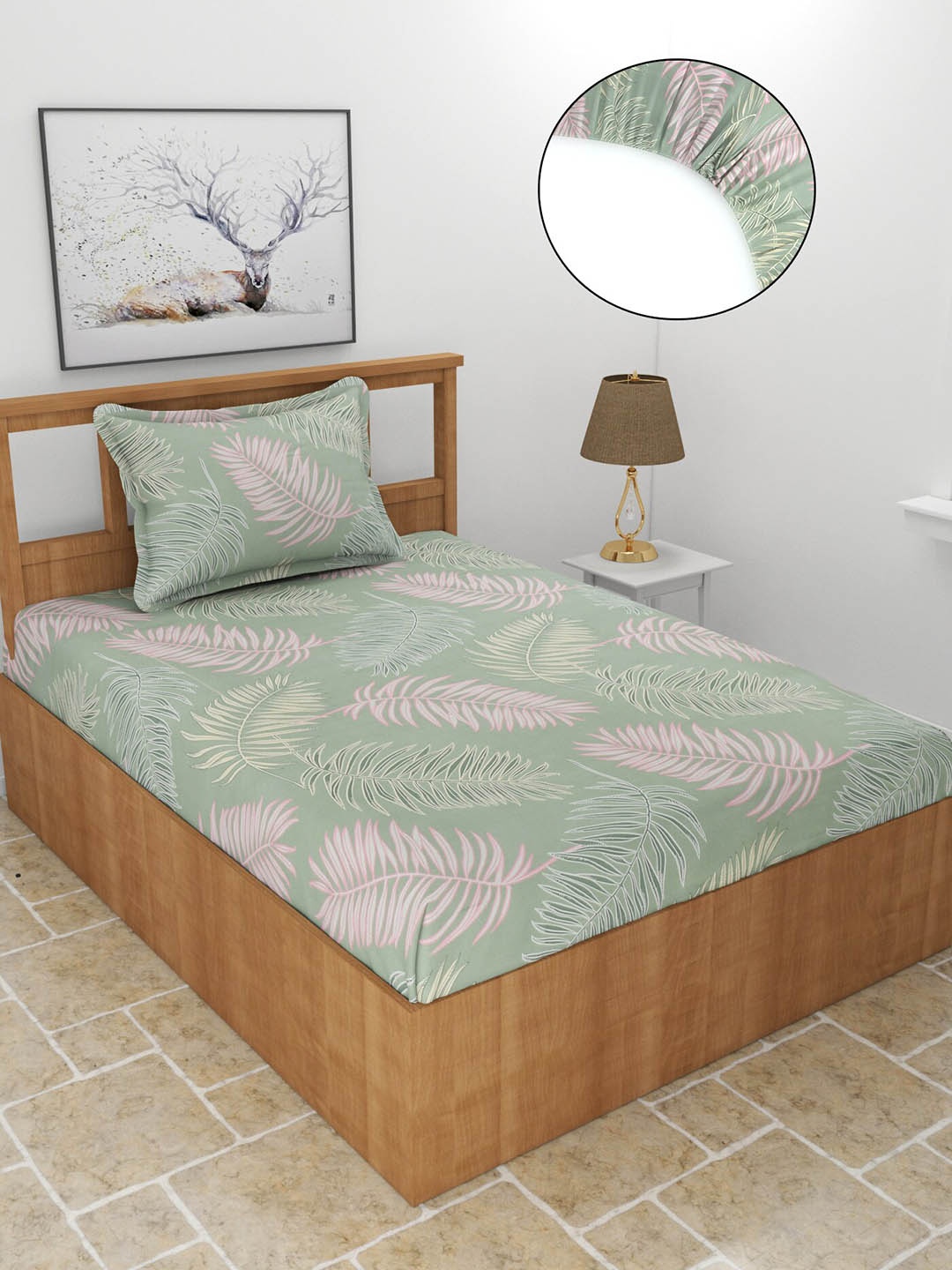 

MORADO Green & Pink Printed Fitted 210 TC Single Bedsheet with 1 Pillow Cover