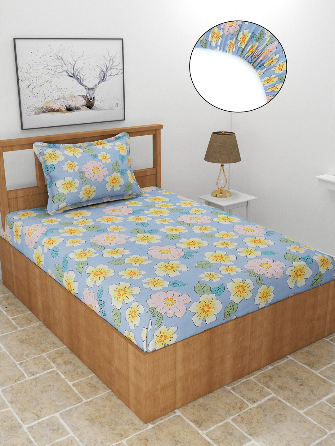 

MORADO Blue & Pink Floral Fitted 210 TC Single Bedsheet with 1 Pillow Cover
