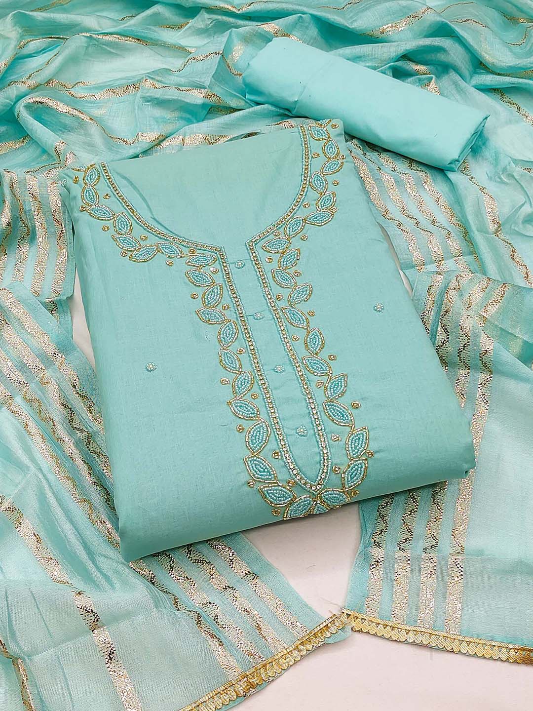 

SHADOW & SAINING Ethnic Motifs Embellished Unstitched Dress Material, Sea green
