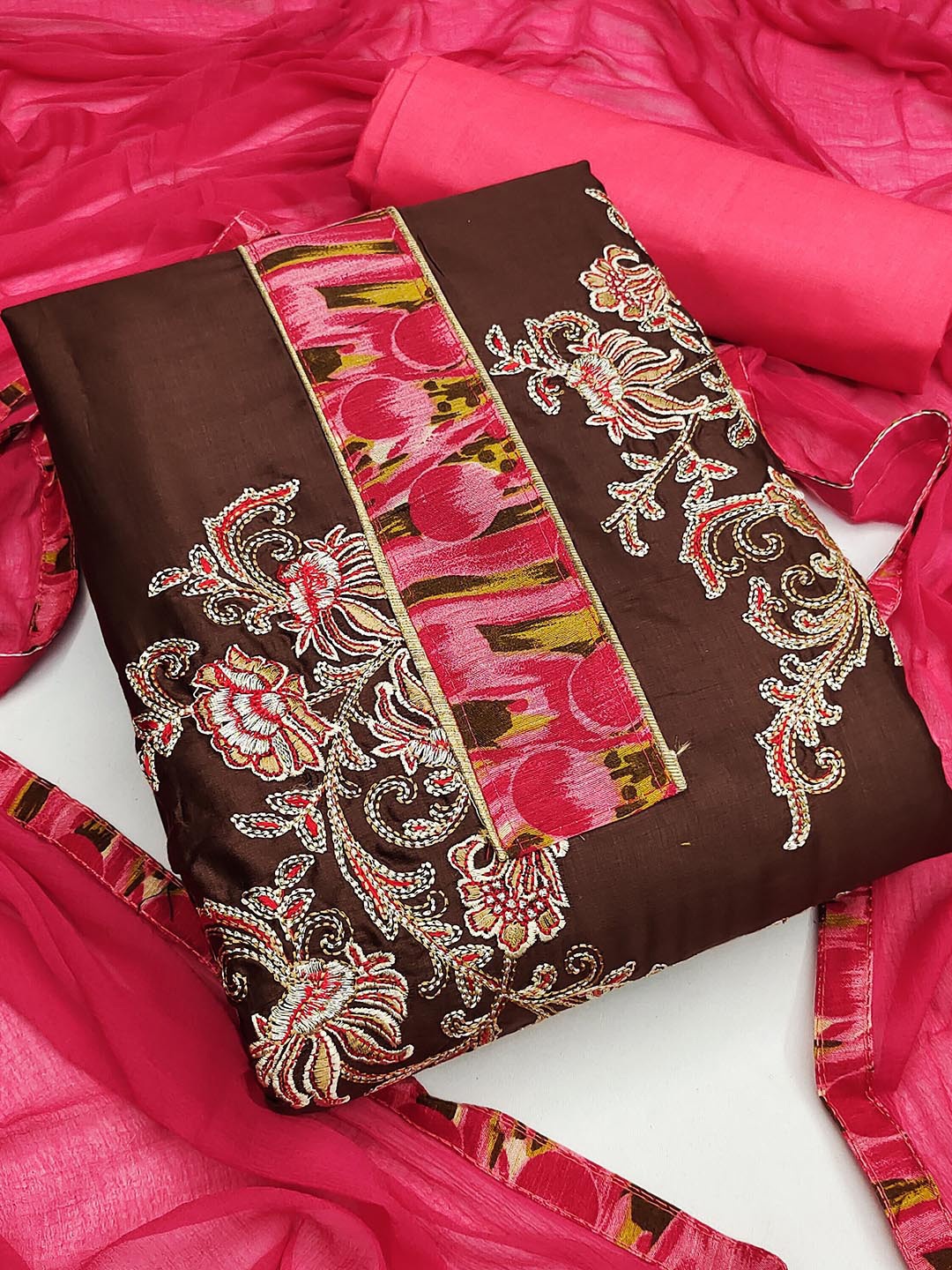 

SHADOW & SAINING Floral Embroidered Unstitched Dress Material, Brown
