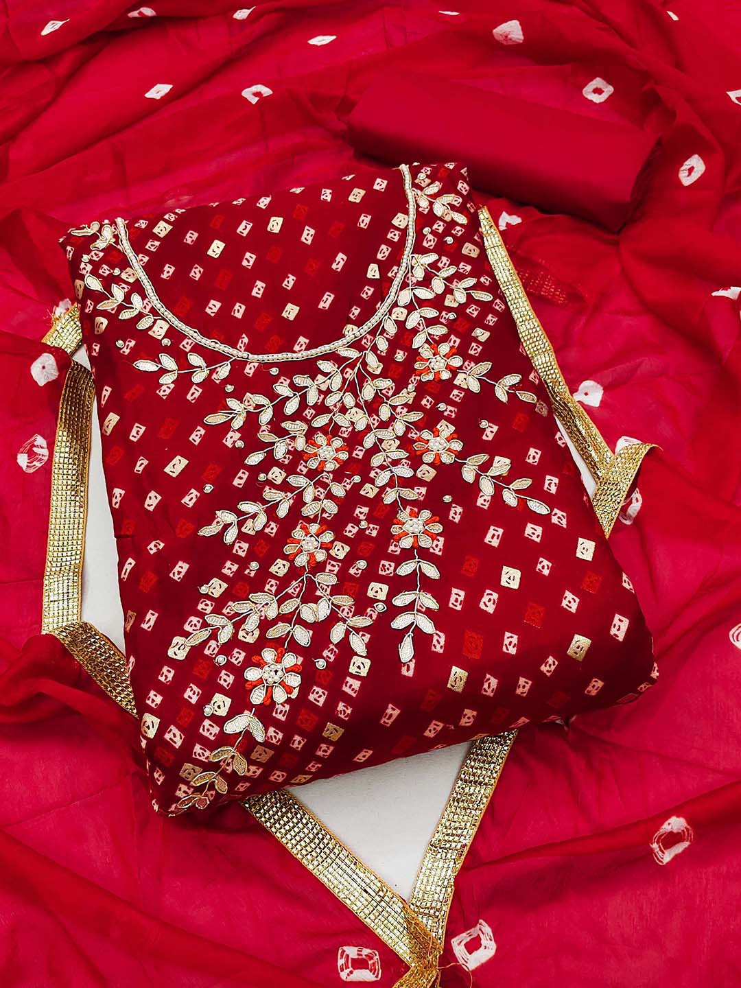 

SHADOW & SAINING Bandhani Printed Embellished Unstitched Dress Material, Red