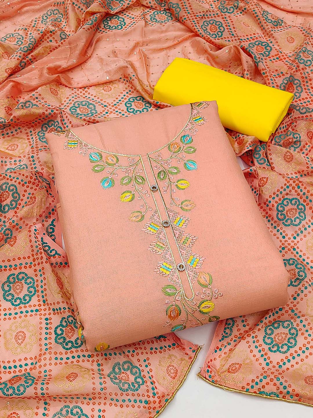 

SHADOW & SAINING Floral Embroidered Pure Cotton Unstitched Dress Material, Peach