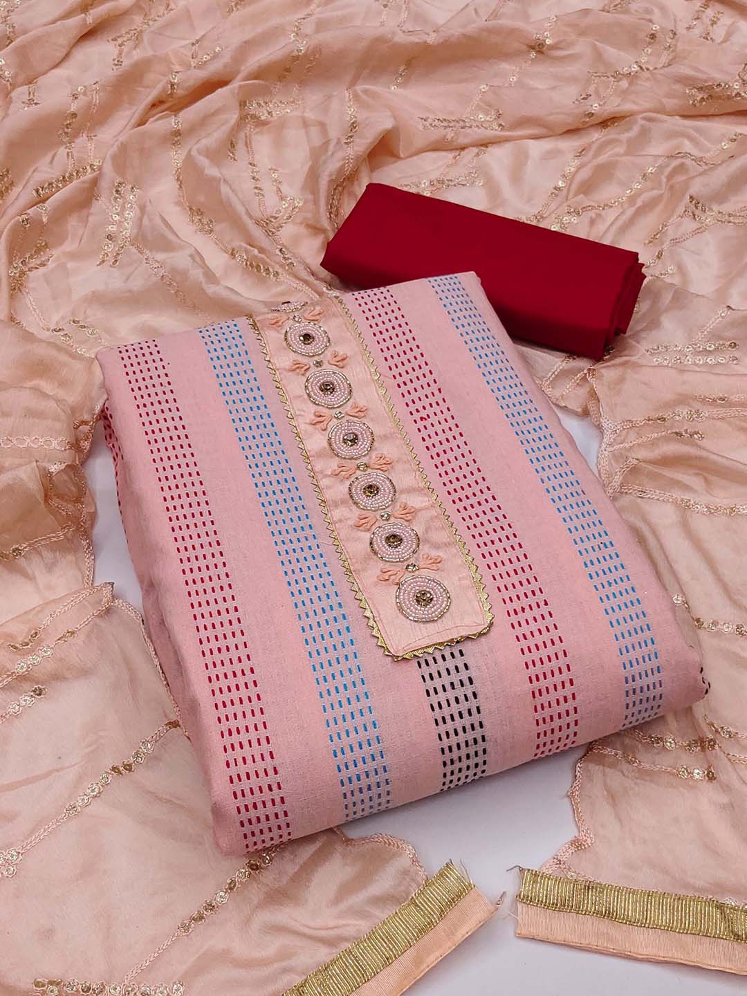 

SHADOW & SAINING Striped Embroidered Pure Cotton Unstitched Dress Material, Pink