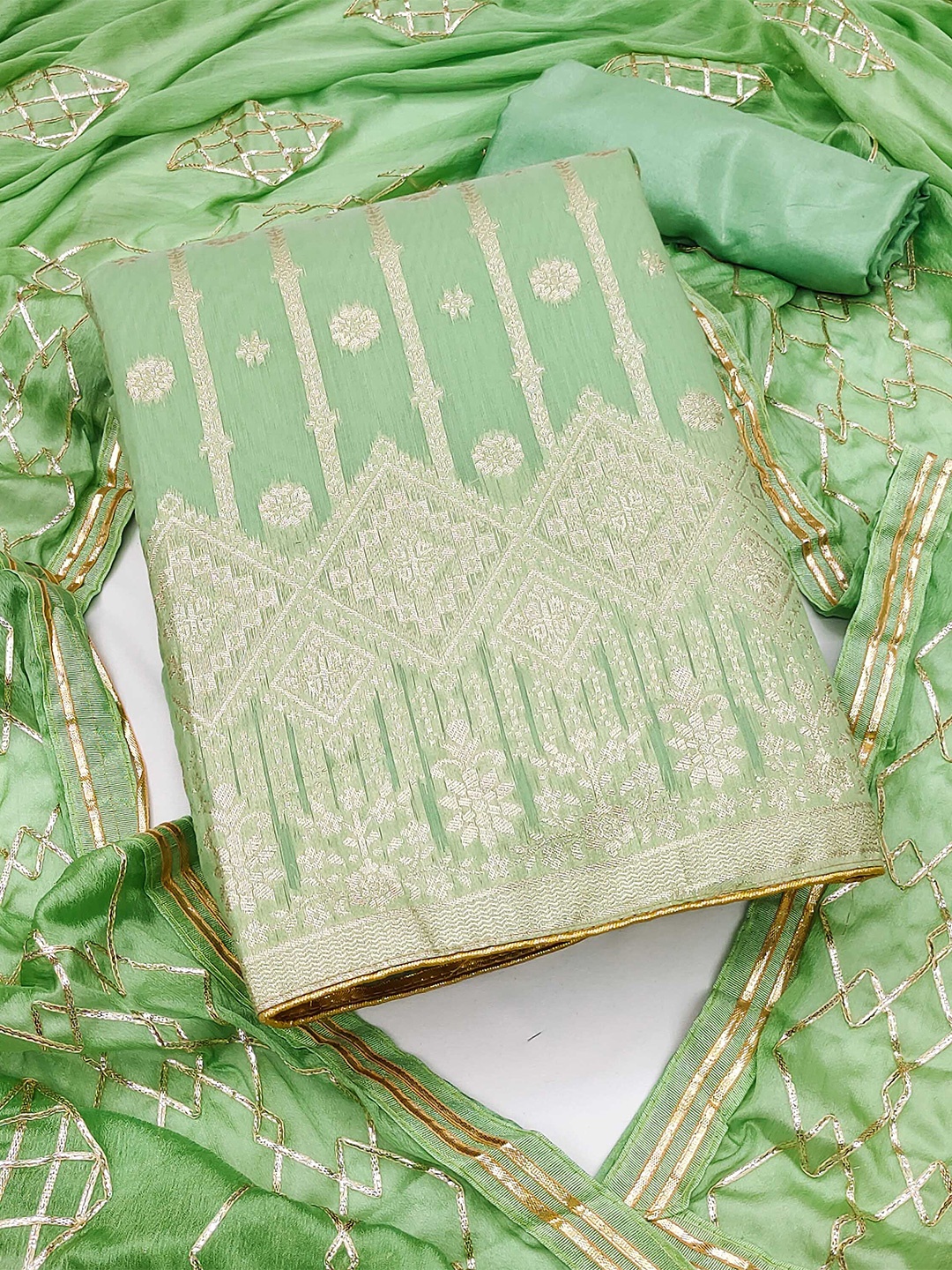 

SHADOW & SAINING Ethnic Motifs Woven Design Zari Unstitched Dress Material, Green