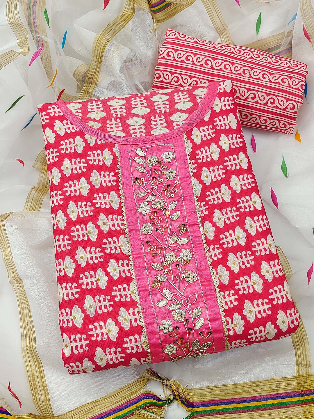 

SHADOW & SAINING Embroidered Pure Cotton Unstitched Dress Material, Pink