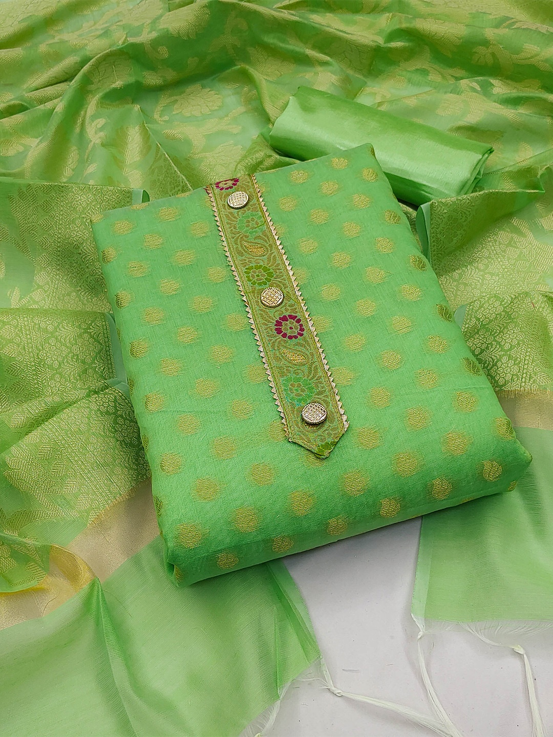 

SHADOW & SAINING Ethnic Motifs Woven Design Unstitched Dress Material, Green
