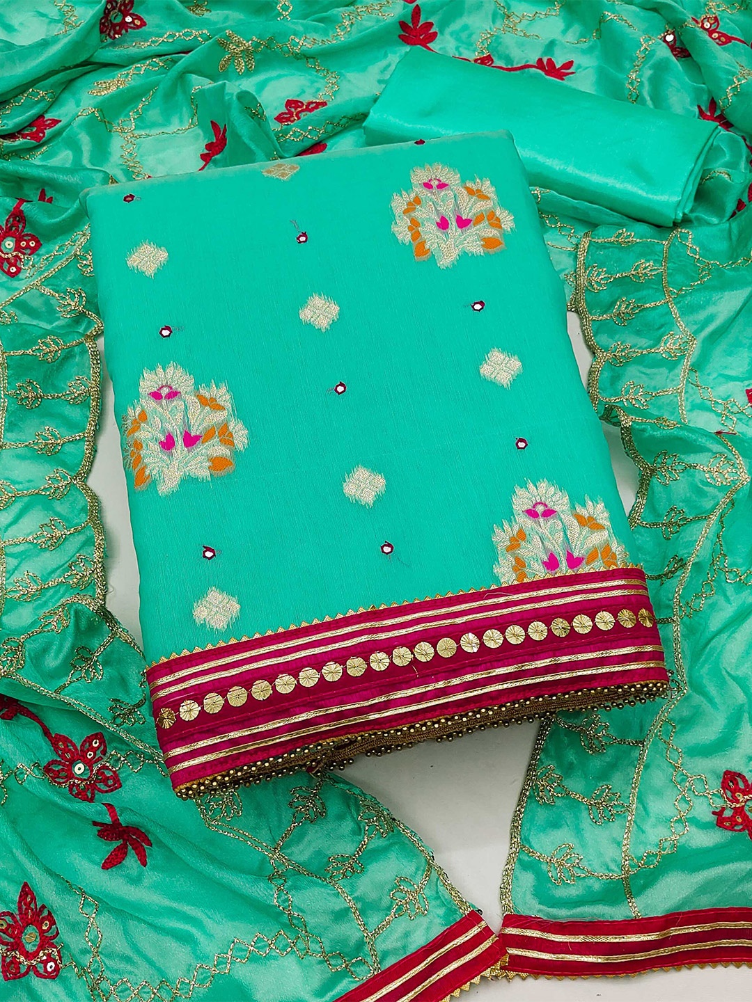

SHADOW & SAINING Floral Woven Design Unstitched Dress Material, Green