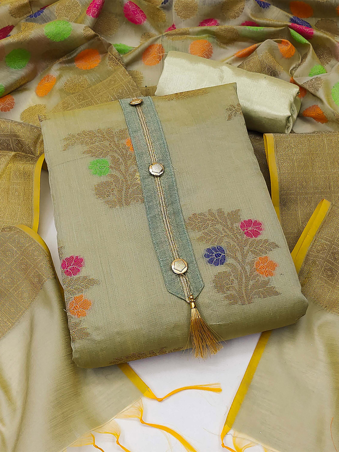 

SHADOW & SAINING Ethnic Motifs Woven Design Unstitched Dress Material, Beige