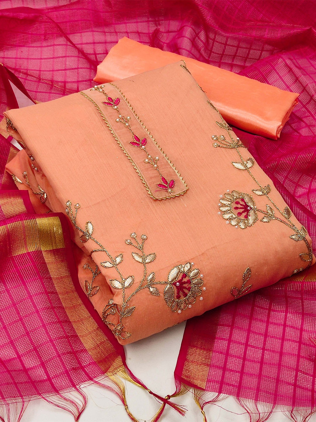 

SHADOW & SAINING Embroidered Unstitched Dress Material, Peach