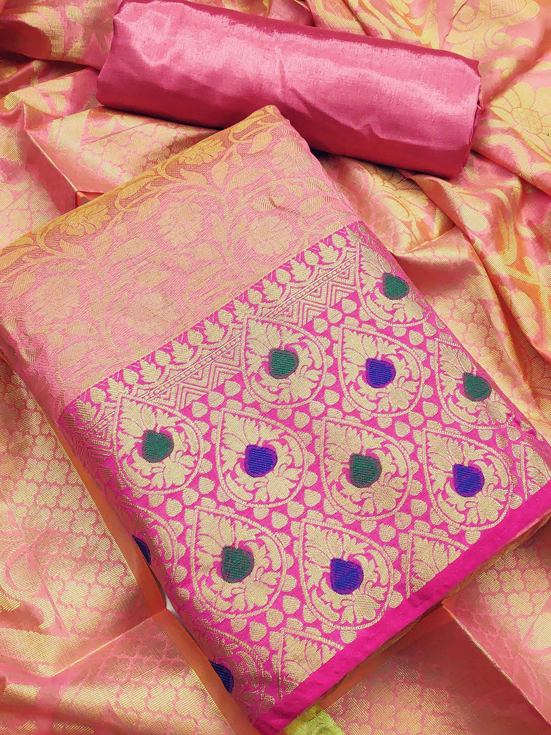 

SHADOW & SAINING Ethnic Motifs Woven Design Unstitched Dress Material, Pink