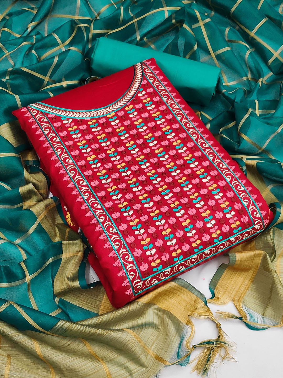 

SHADOW & SAINING Floral Embroidered Unstitched Dress Material, Red