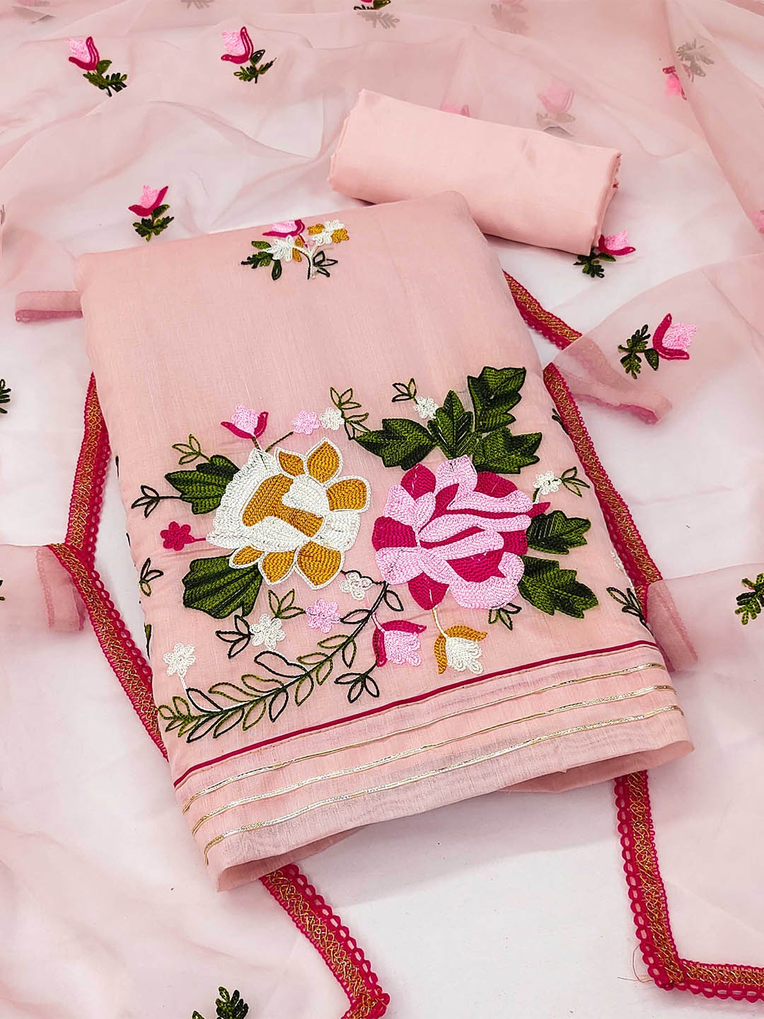 

SHADOW & SAINING Floral Embroidered Unstitched Silk Blend Dress Material, Peach