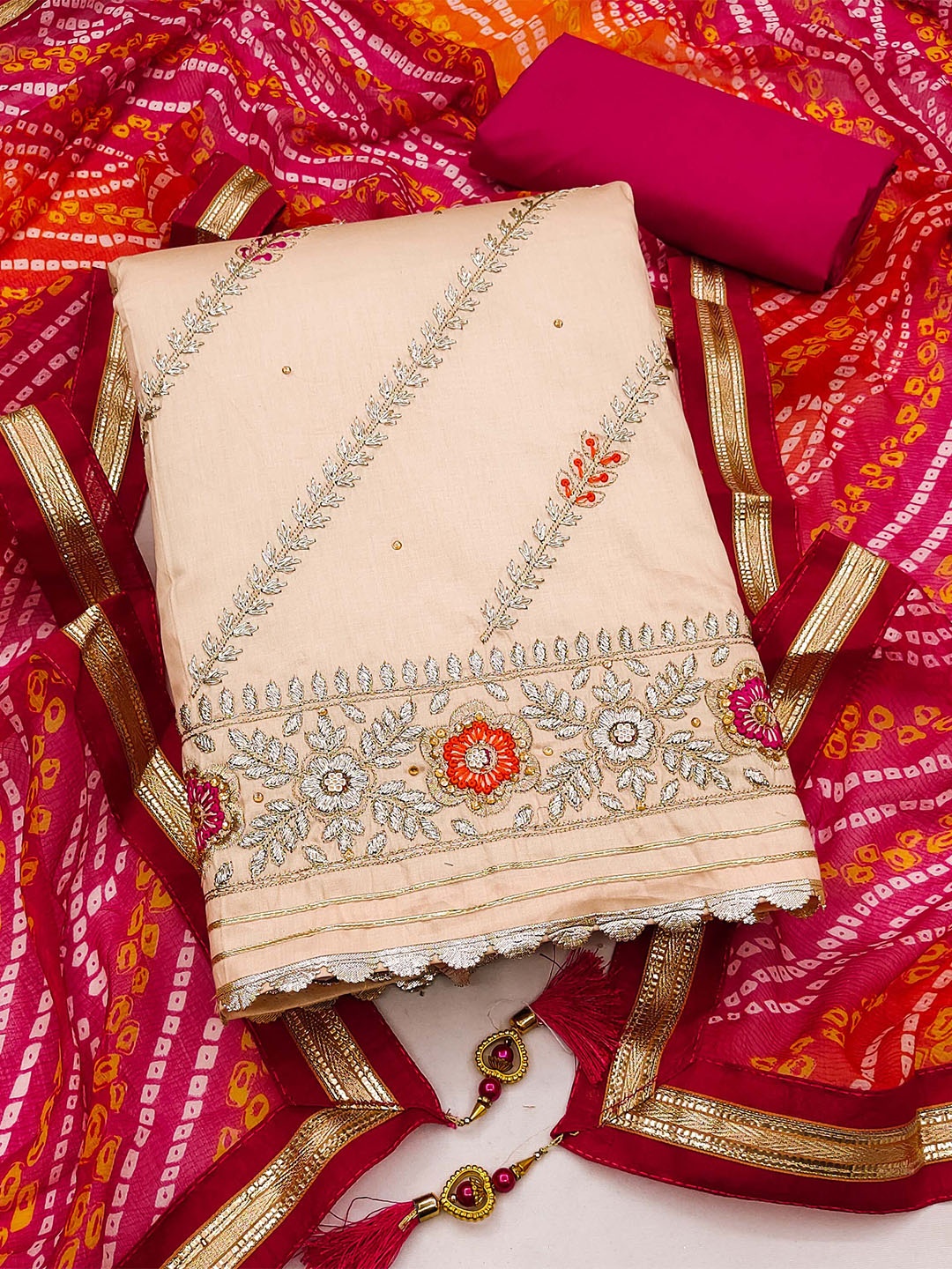 

SHADOW & SAINING Floral Embroidered Unstitched Dress Material, Beige