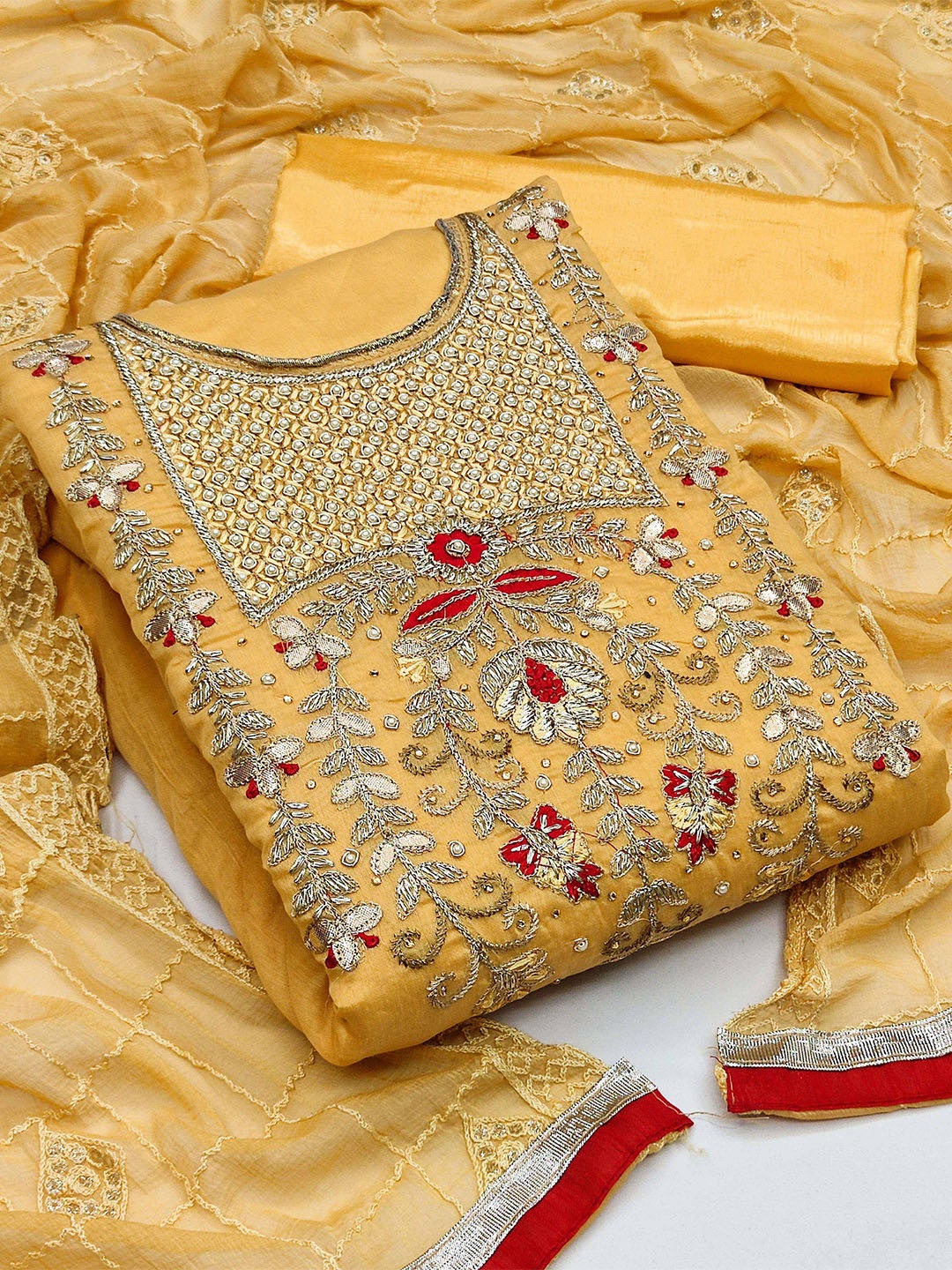 

SHADOW & SAINING Floral Embroidered Beads and Stones Chanderi Unstitched Dress Material, Yellow