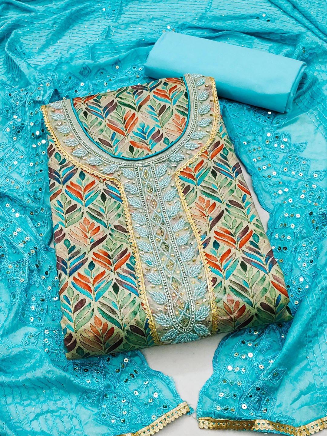 

SHADOW & SAINING Ethnic Motifs Printed Beads and Stones Unstitched Dress Material, Green