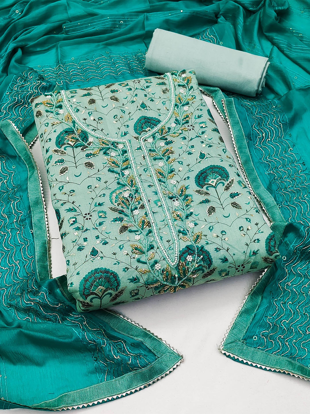

SHADOW & SAINING Floral Printed Beads & Stones Unstitched Dress Material, Sea green