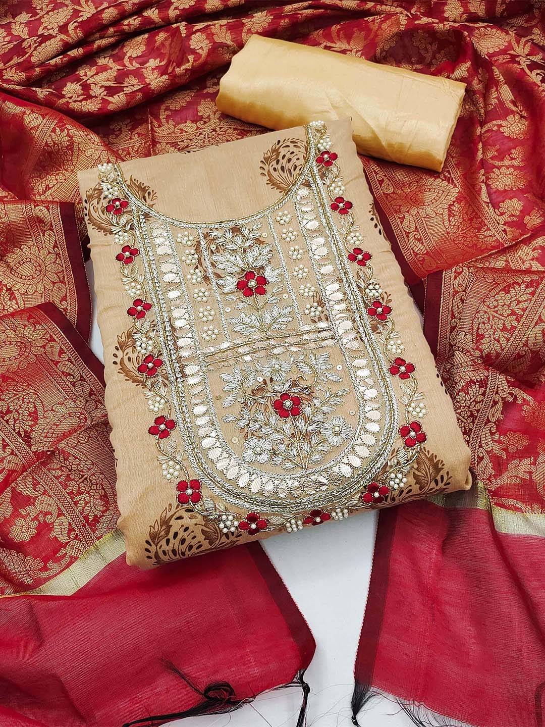 

SHADOW & SAINING Embellished Unstitched Dress Material, Beige