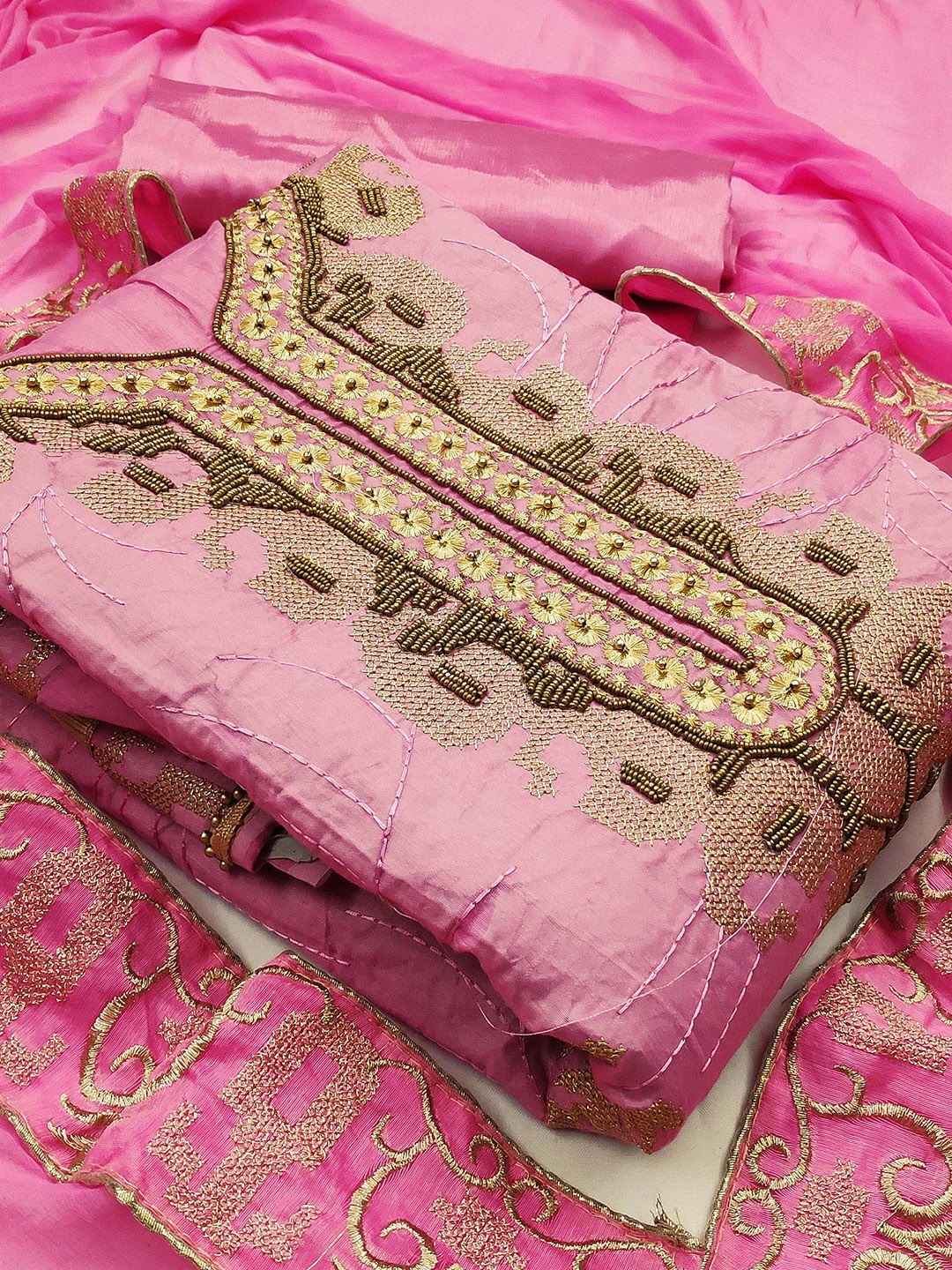 

SHADOW & SAINING Embellished Unstitched Dress Material, Pink