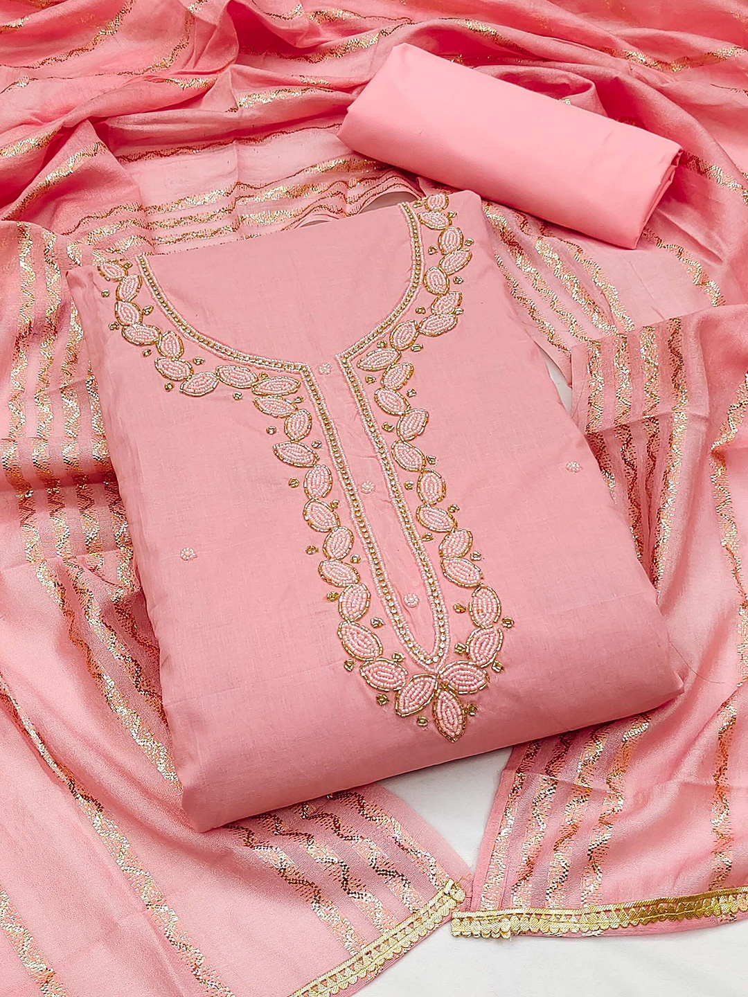 

SHADOW & SAINING Embellished Unstitched Dress Material, Pink