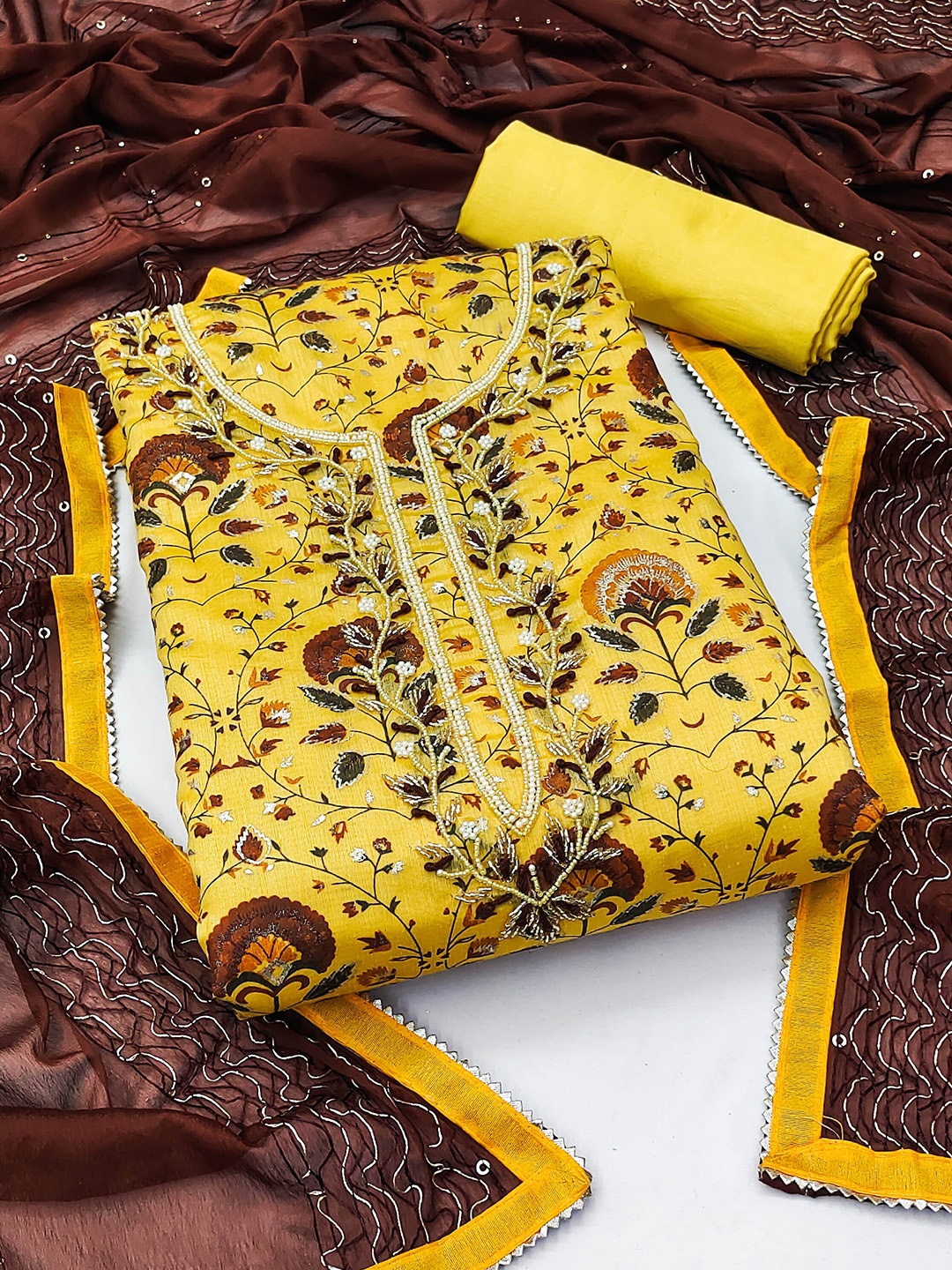 

SHADOW & SAINING Floral Printed Beads and Stones Detail Unstitched Dress Material, Yellow