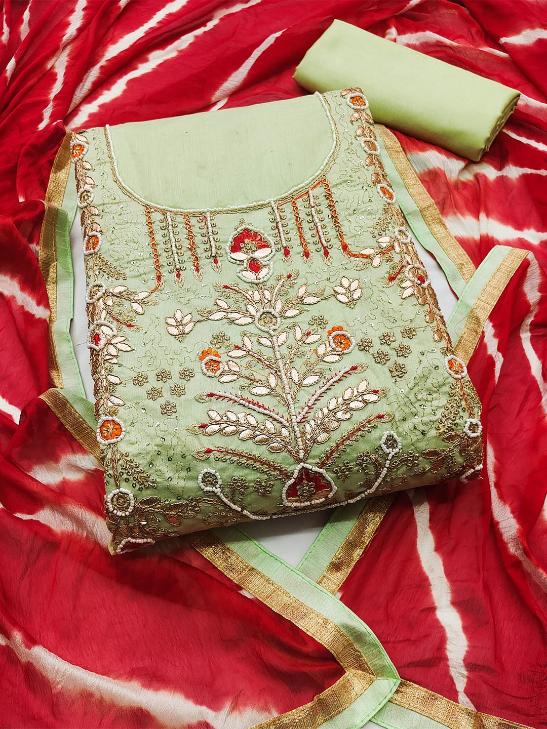 

SHADOW & SAINING Ethnic Motifs Embellished Unstitched Dress Material, Sea green