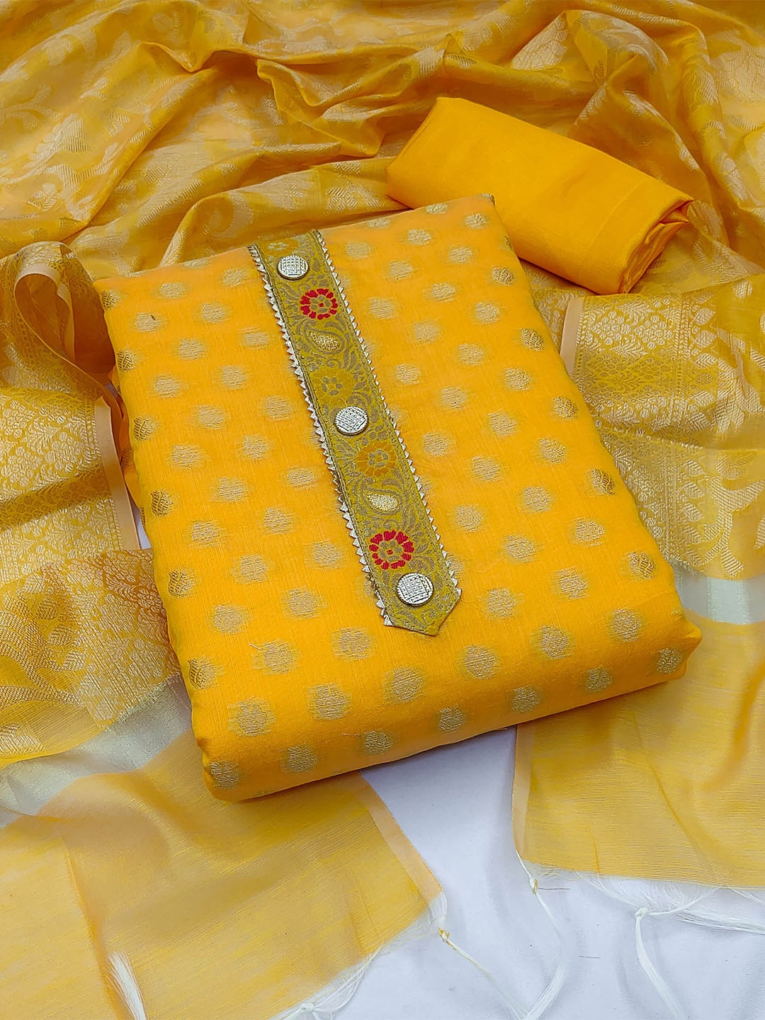 

SHADOW & SAINING Ethnic Motifs Woven Design Unstitched Dress Material, Yellow