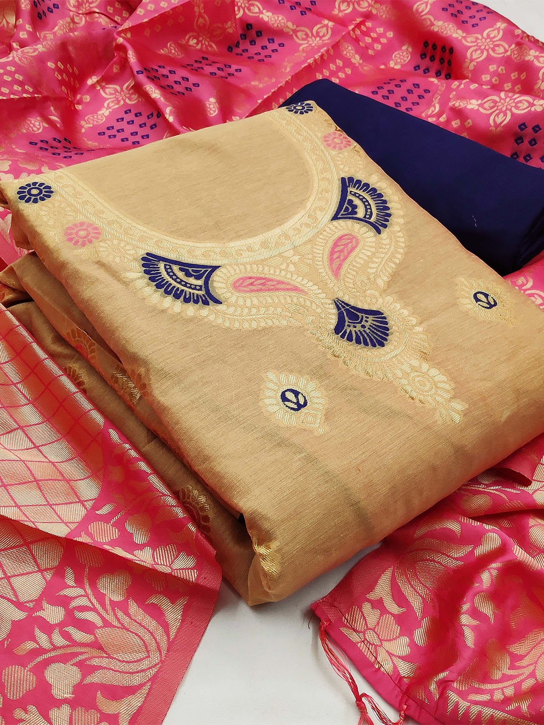 

SHADOW & SAINING Ethnic Motifs Woven Design Unstitched Dress Material, Beige
