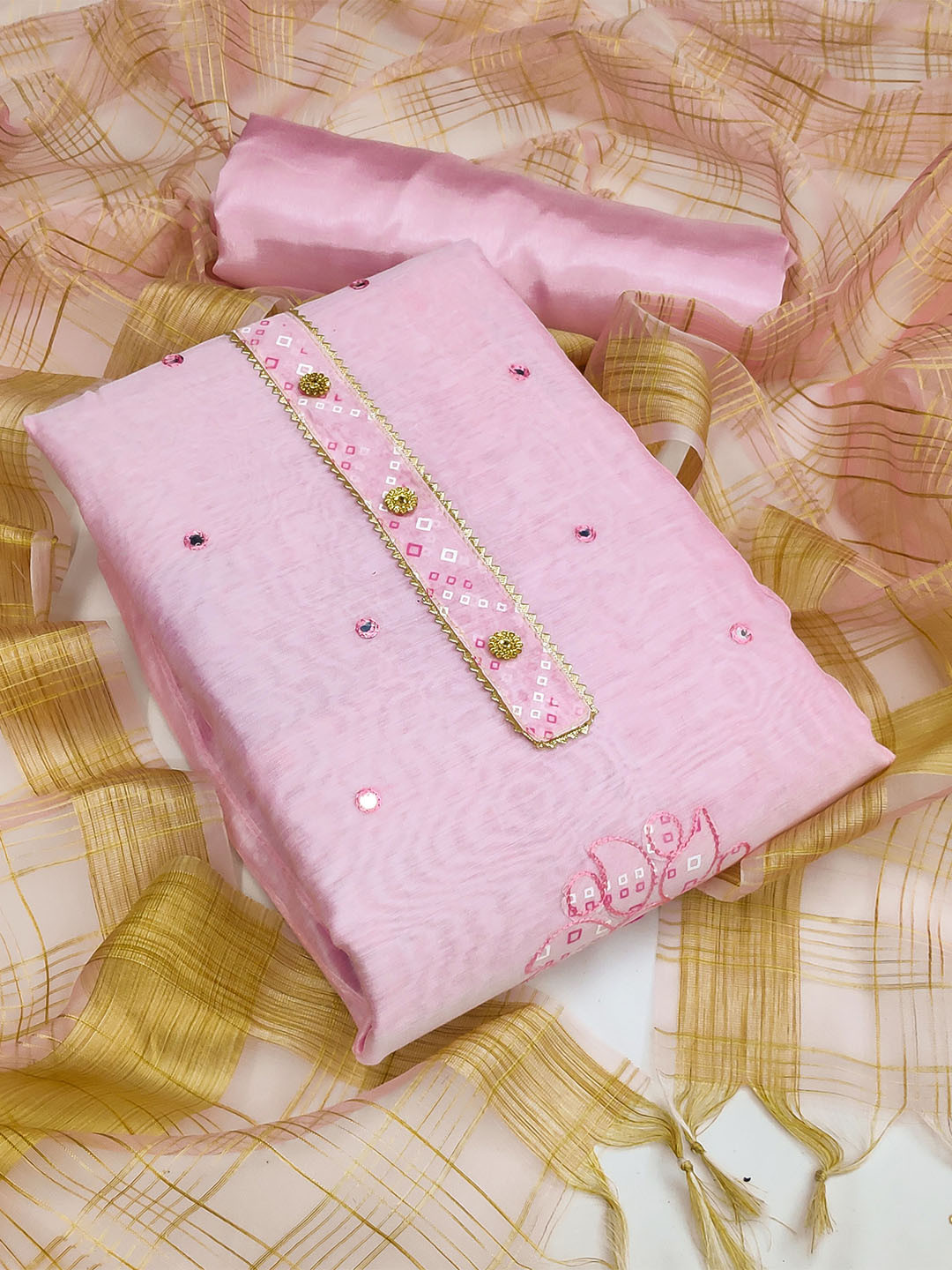 

SHADOW & SAINING Ethnic Motifs Embroidered Mirror Work Unstitched Dress Material, Pink