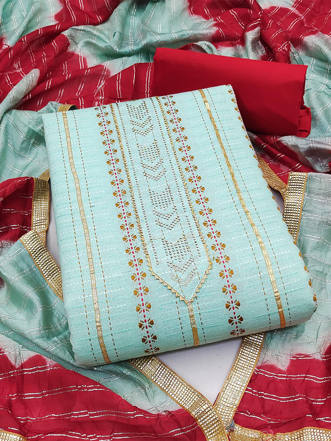 

SHADOW & SAINING Ethnic Motifs Embroidered Zari Unstitched Dress Material, Sea green