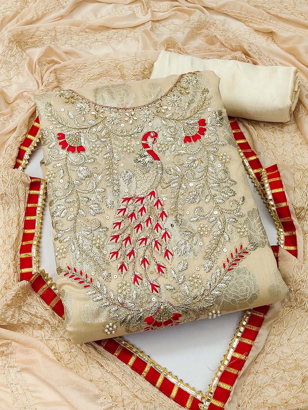 

SHADOW & SAINING Ethnic Motifs Beads & Stones Embroidered Unstitched Dress Material, Beige