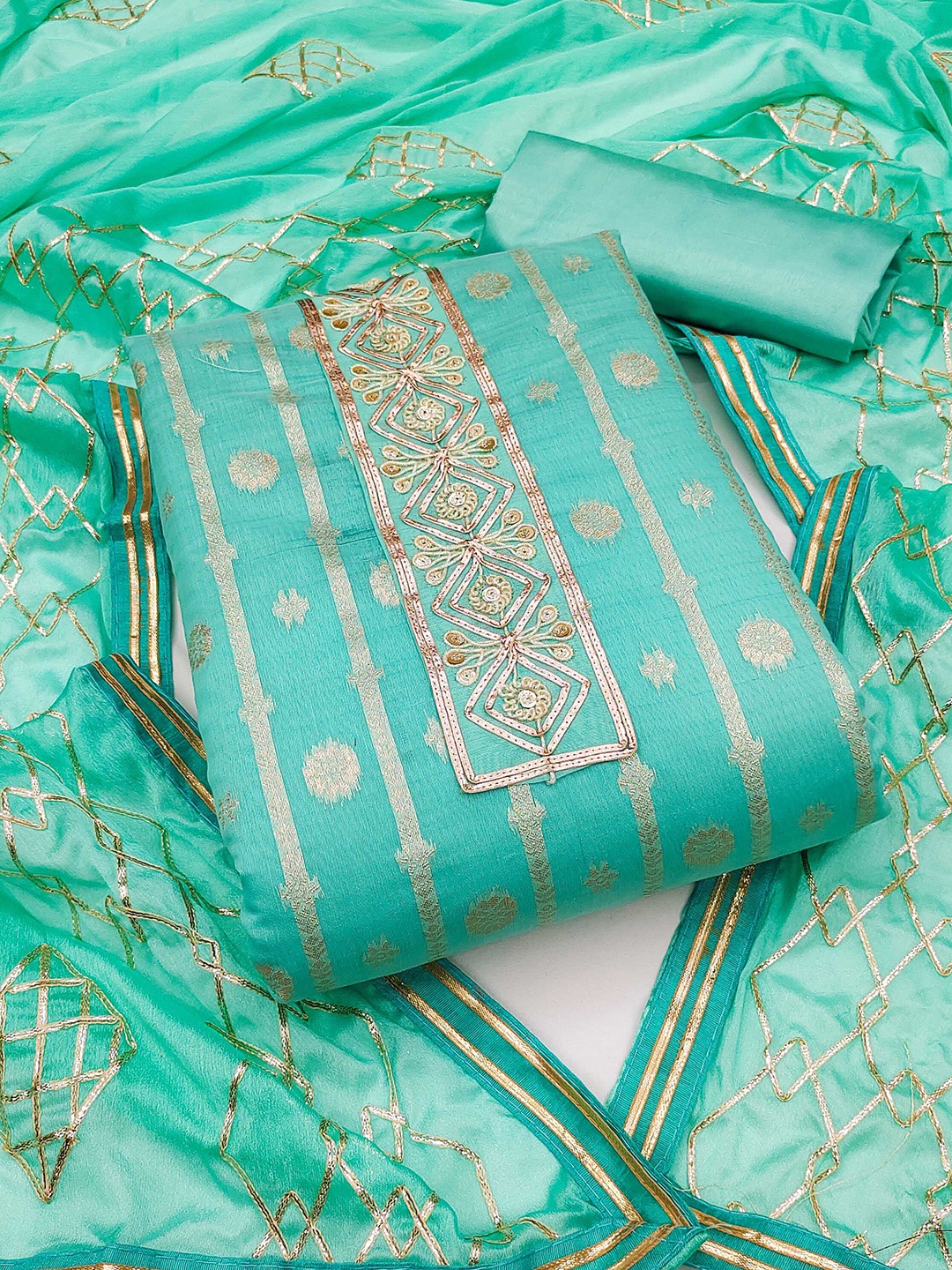 

SHADOW & SAINING Ethnic Motifs Woven Design Unstitched Dress Material, Green
