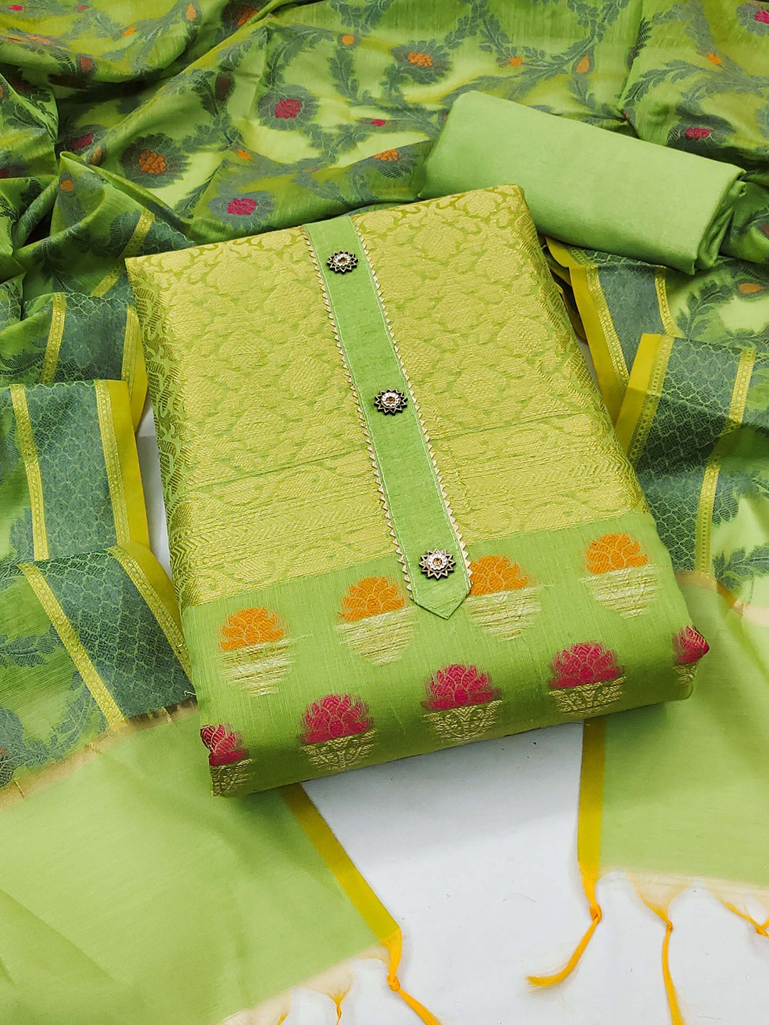 

SHADOW & SAINING Ethnic Motif Woven Design Banarasi Jacquard Unstitched Dress Material, Green