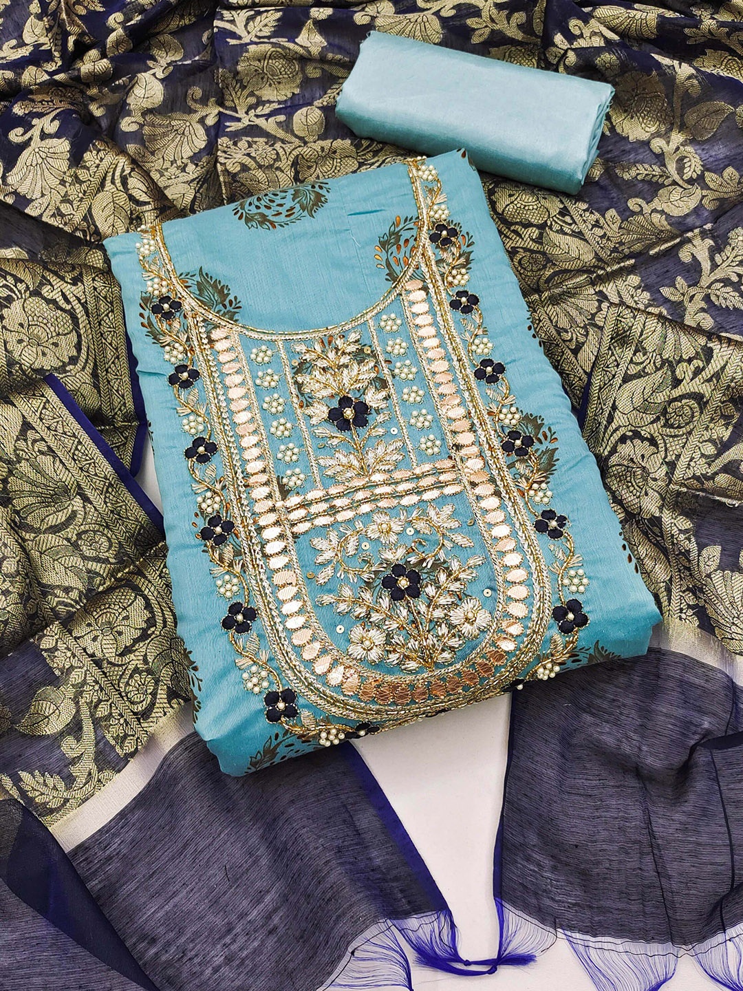 

SHADOW & SAINING Floral Embroidered Unstitched Dress Material, Sea green